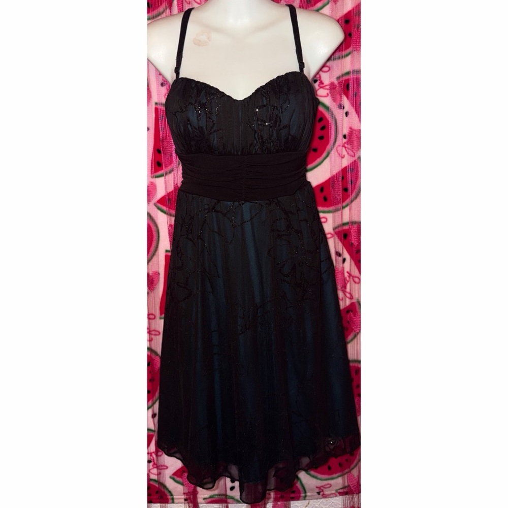 🩵 Speechless Mini Dress with Floral Mesh Overlay